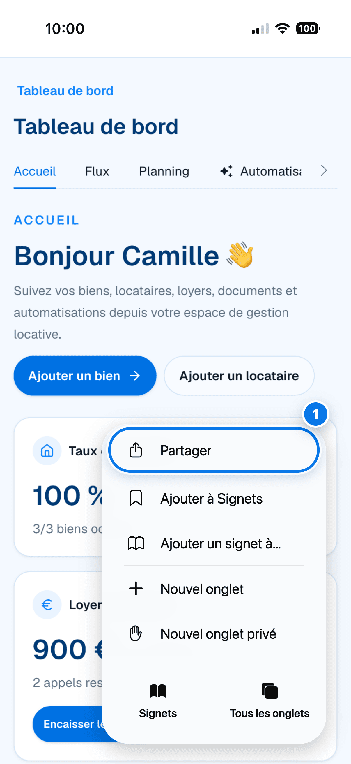 Étape 1 sur iPhone : ouvrir le menu Partager de Safari depuis DOORA DOORA