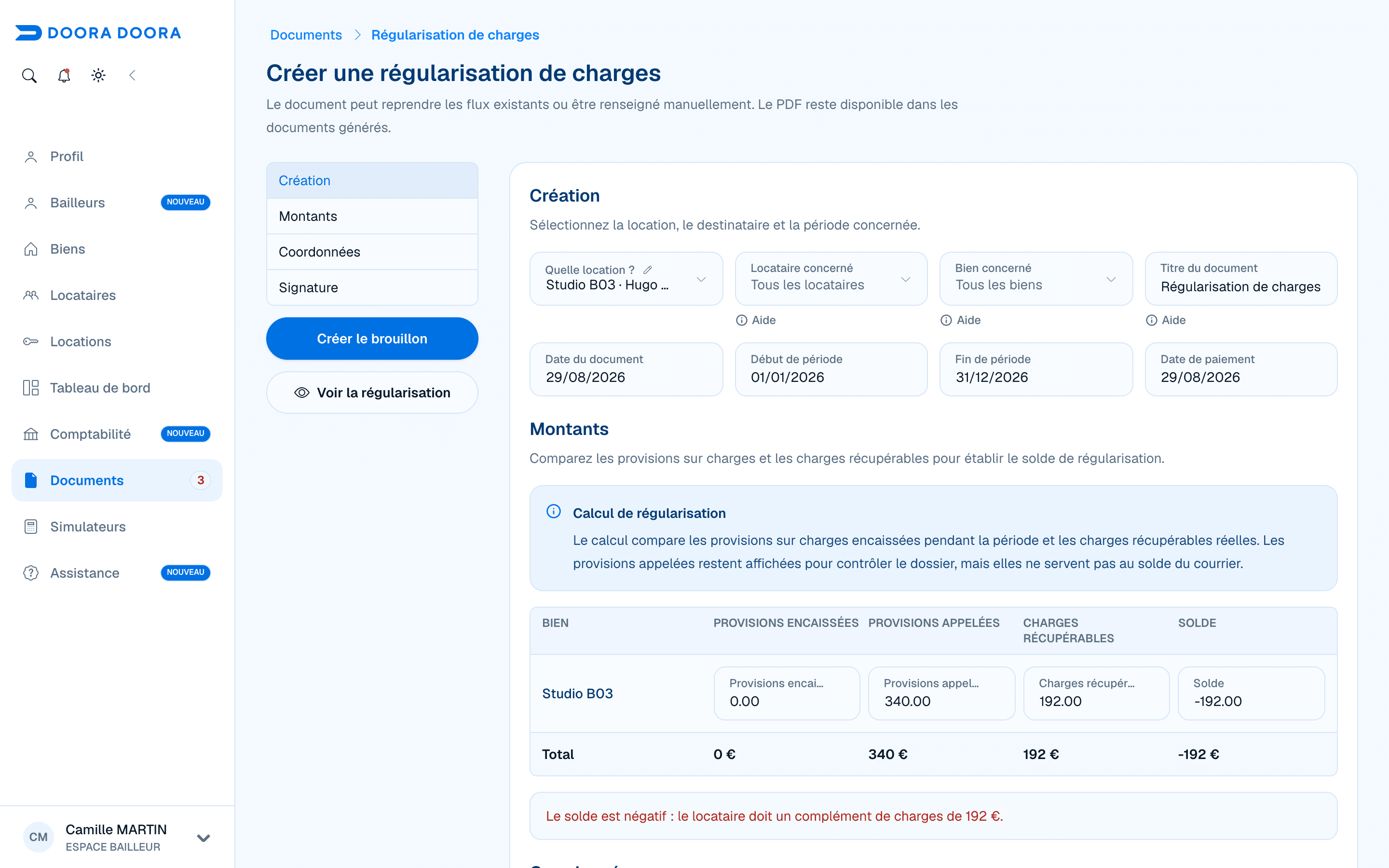 Formulaire prérempli pour régulariser les charges dans DOORA DOORA