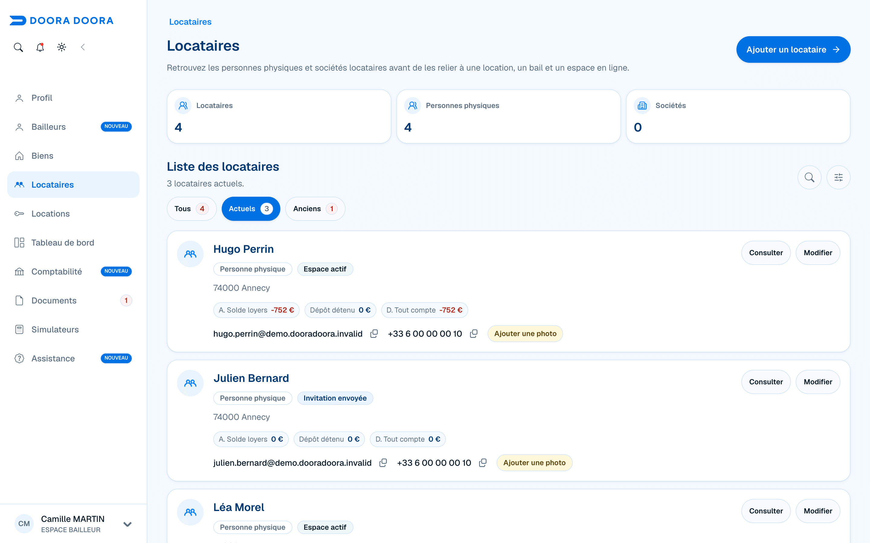 Liste des locataires et bouton Ajouter un locataire dans DOORA DOORA
