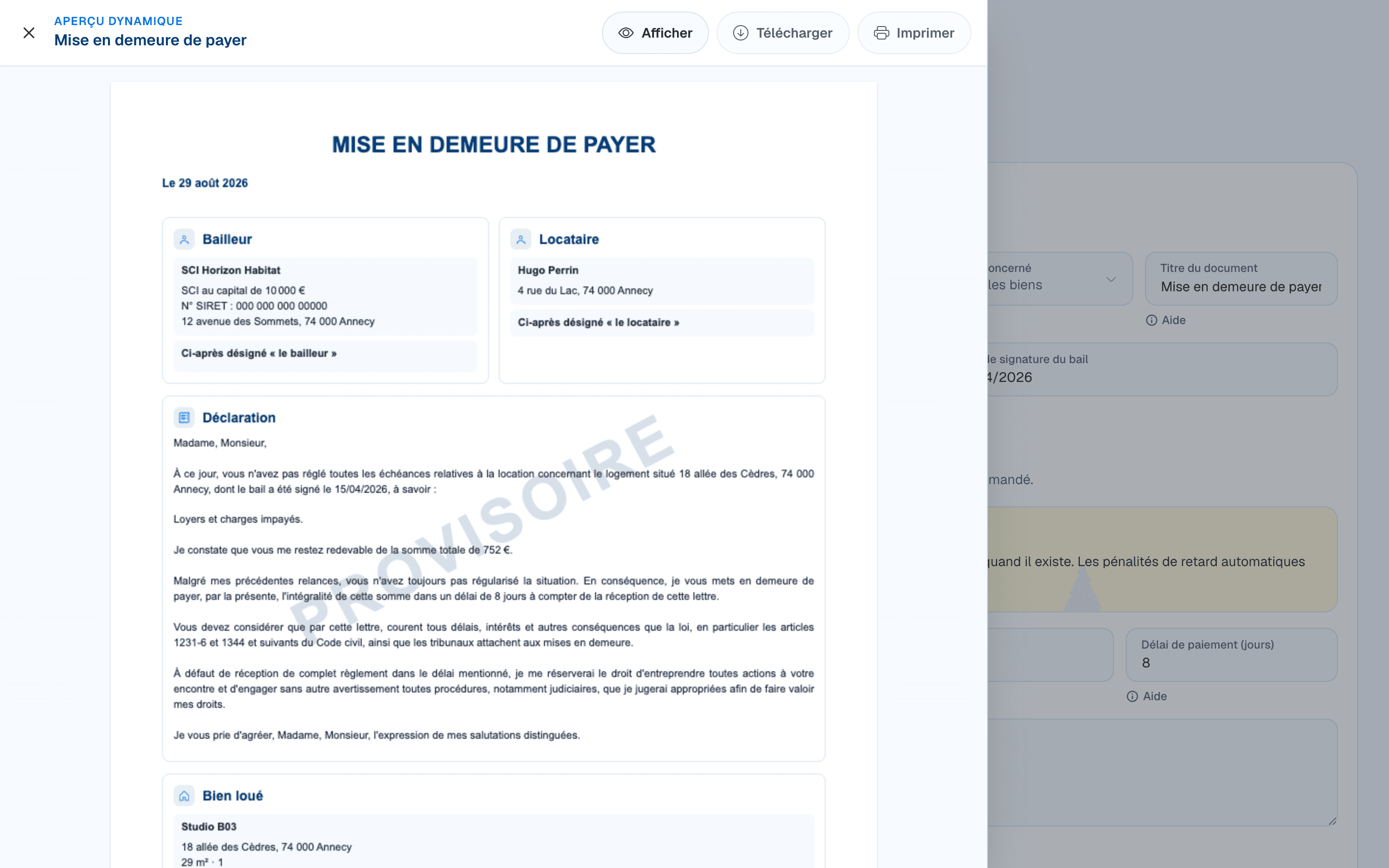 Aperçu provisoire d’une mise en demeure dans DOORA DOORA