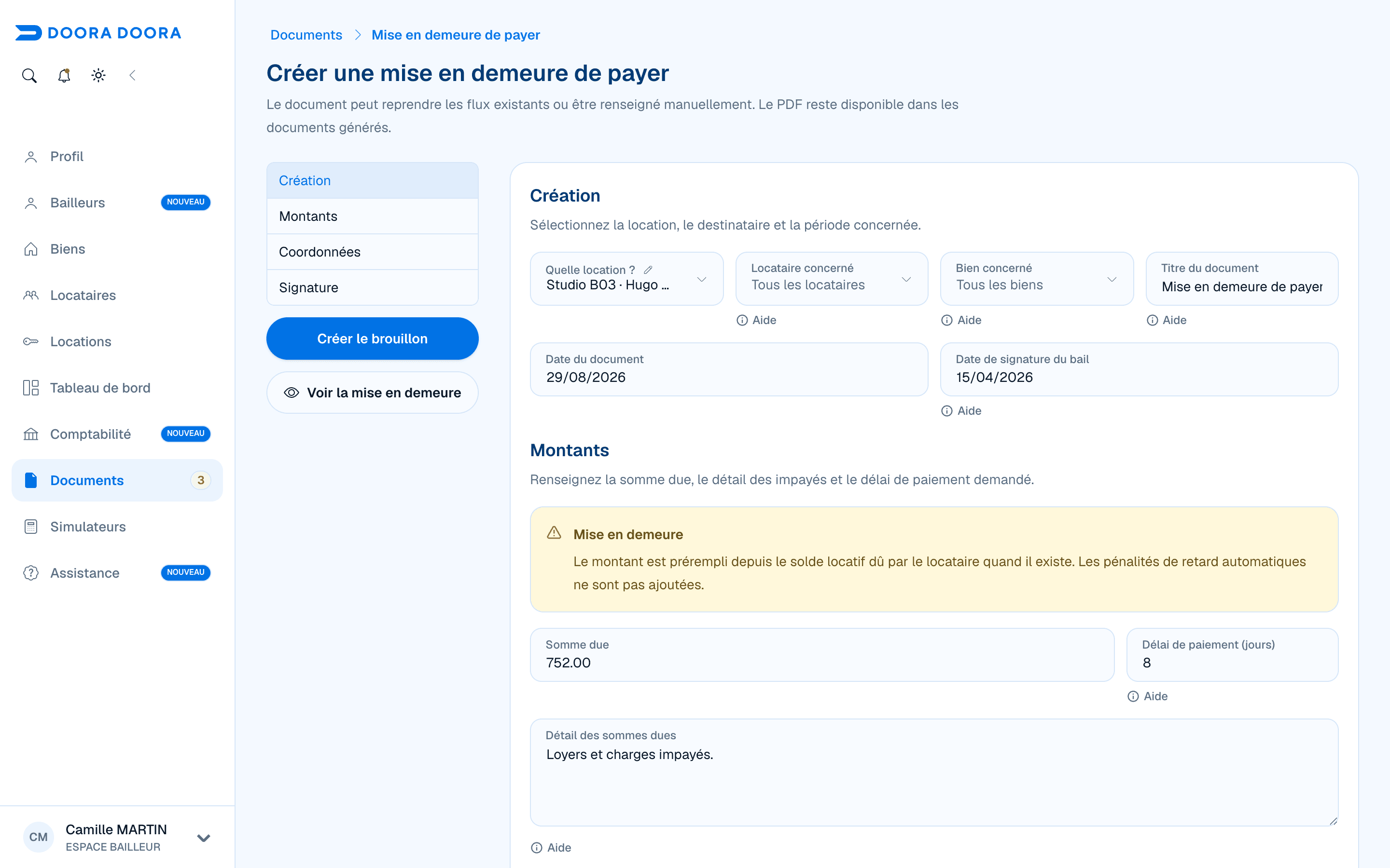 Formulaire prérempli pour créer une mise en demeure dans DOORA DOORA