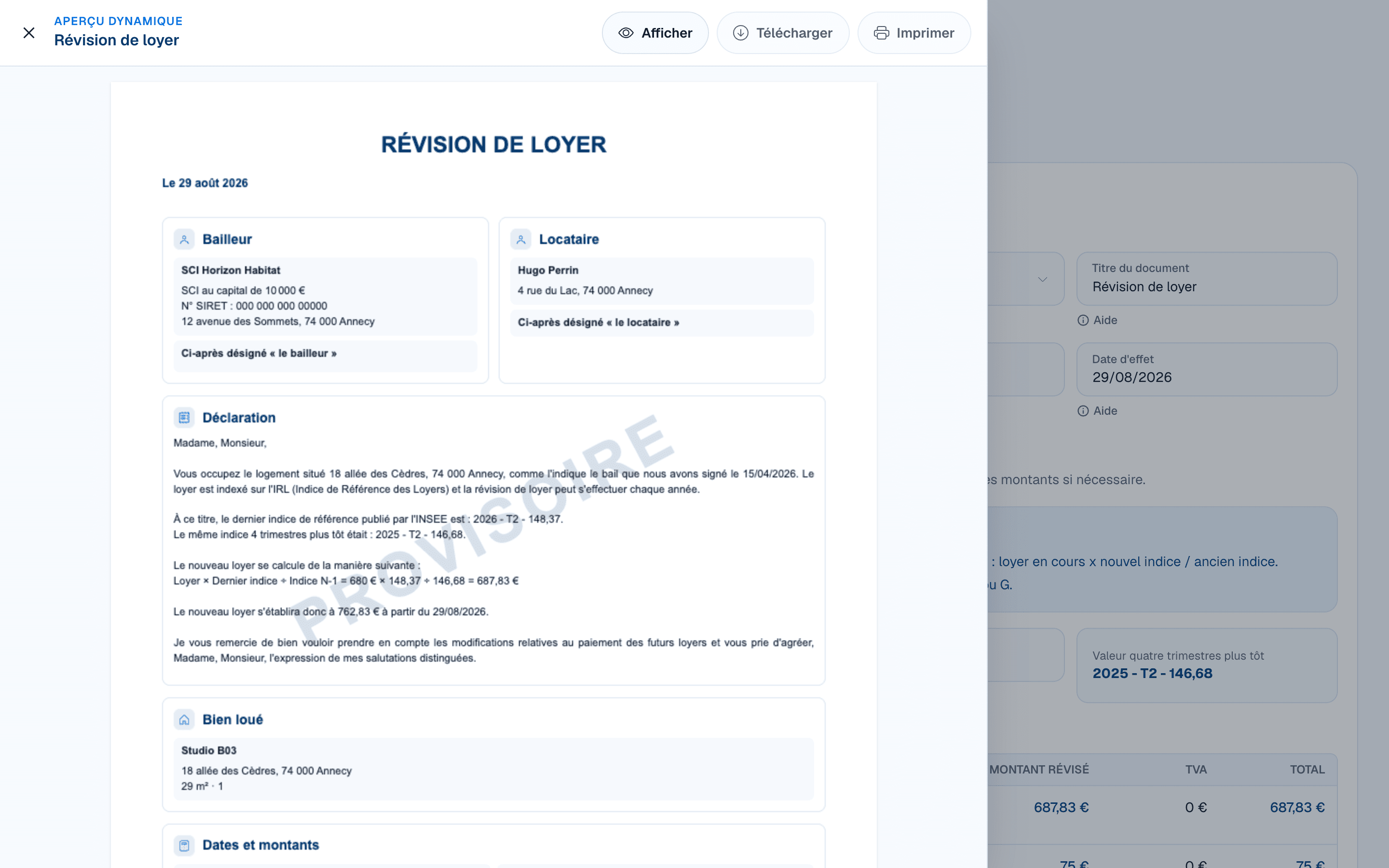 Aperçu provisoire d’un courrier de révision de loyer dans DOORA DOORA