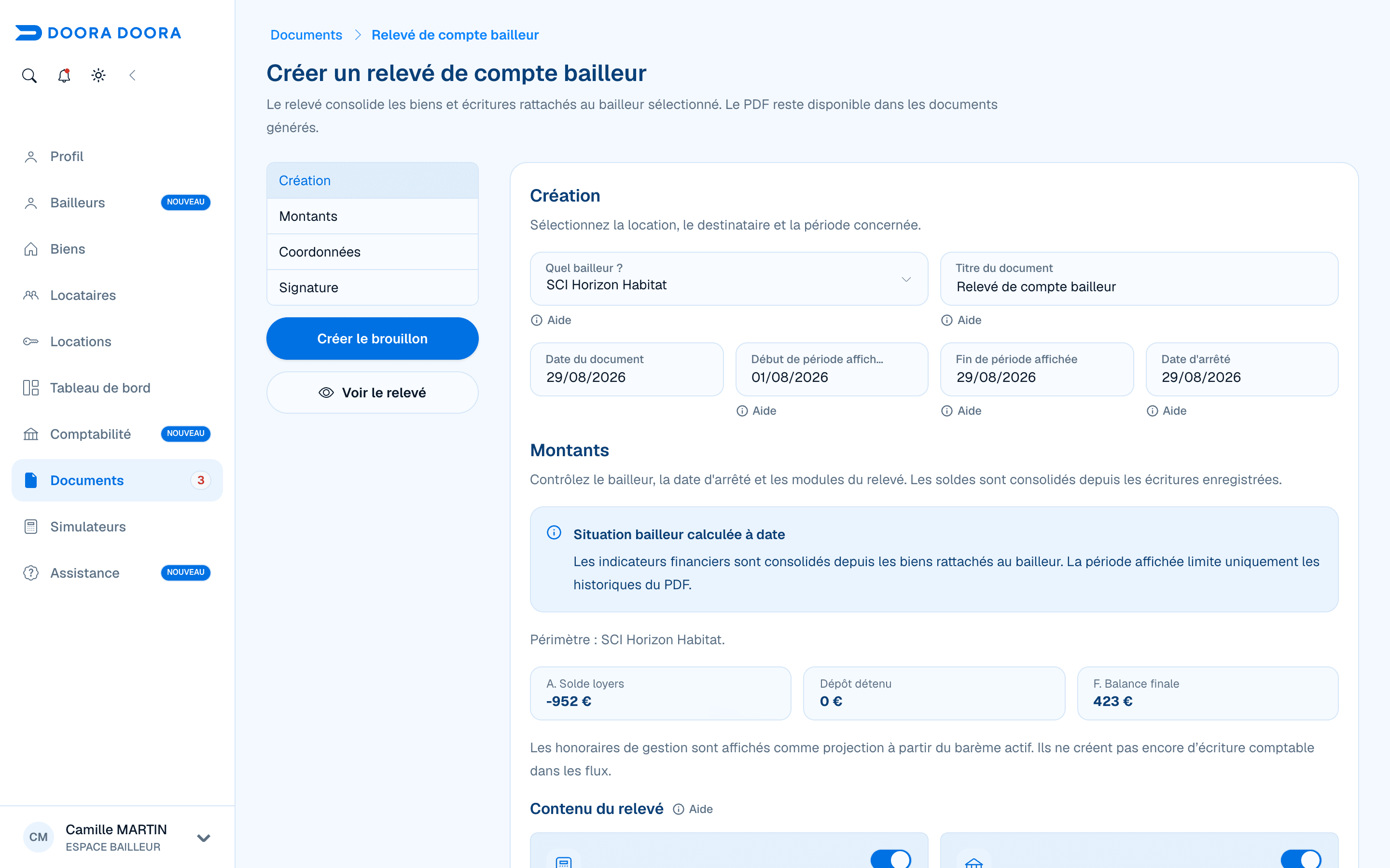 Formulaire prérempli pour créer un relevé de compte bailleur dans DOORA DOORA