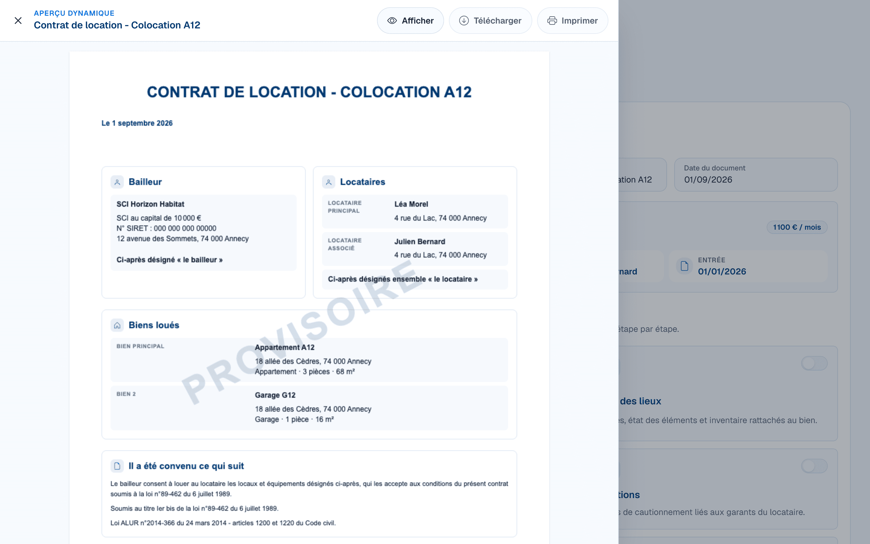 Aperçu provisoire du contrat de location avec filigrane dans DOORA DOORA
