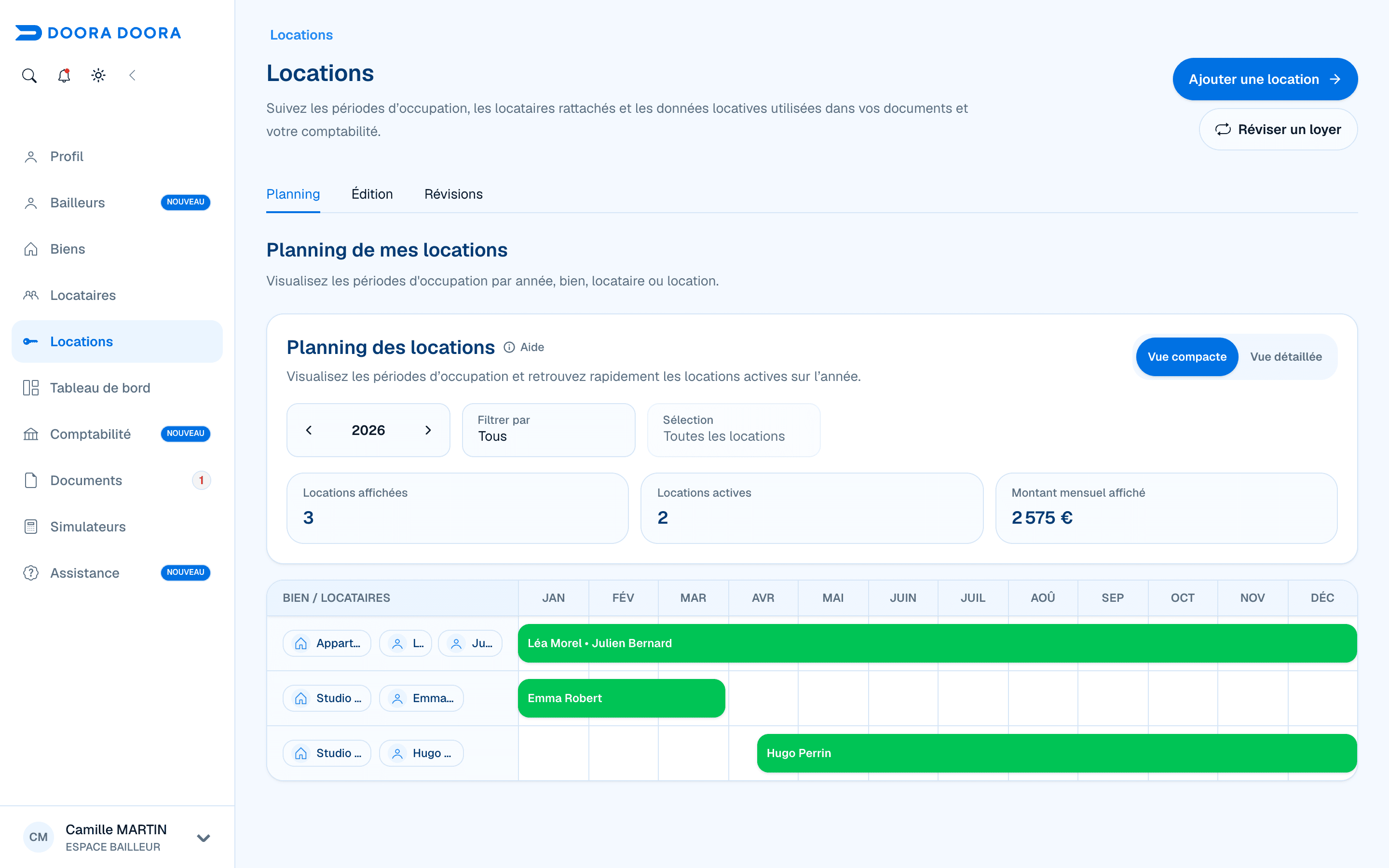 Planning annuel des locations avec une colocation, une sortie et une nouvelle entrée dans DOORA DOORA
