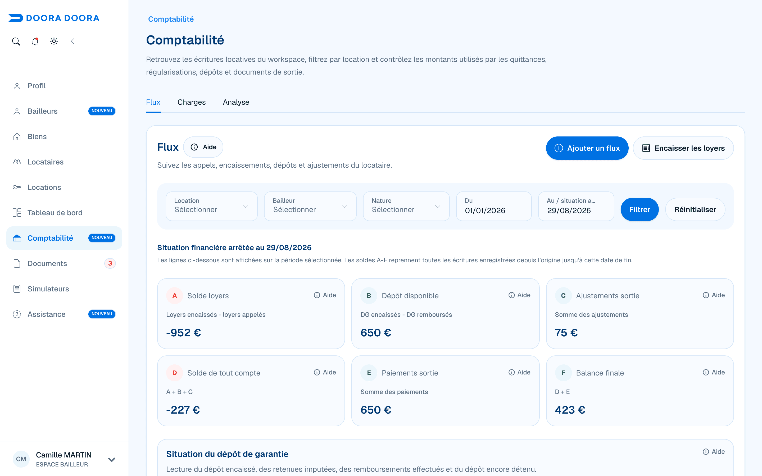 Soldes et indicateurs de suivi des loyers dans DOORA DOORA