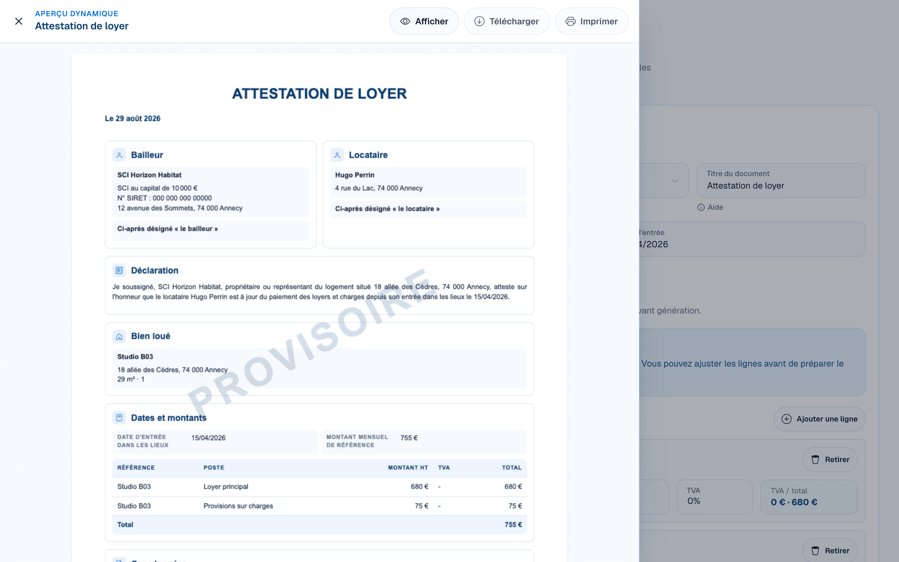 Aperçu provisoire d’une attestation de loyer dans DOORA DOORA