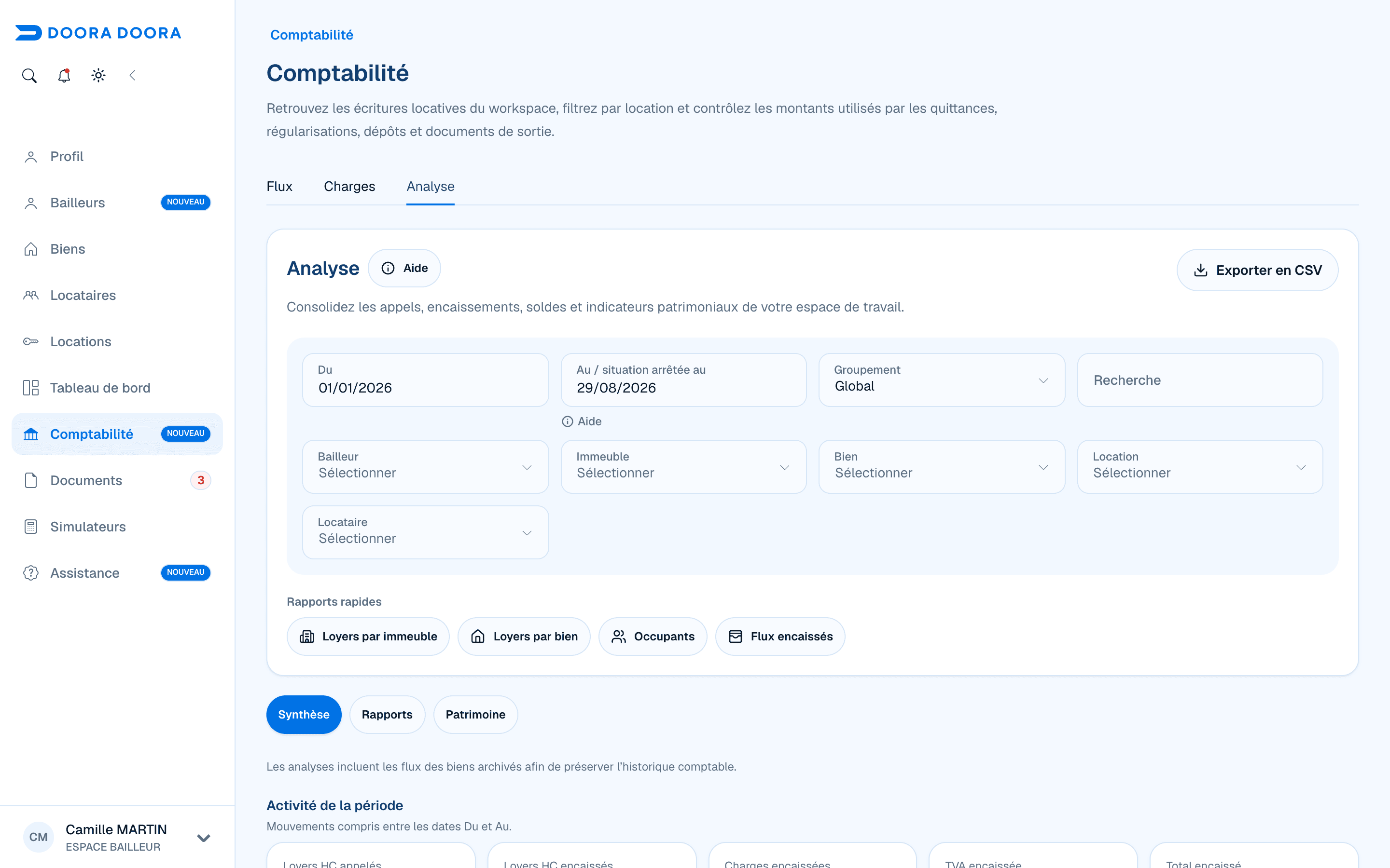 Action d’export CSV de l’analyse comptable dans DOORA DOORA
