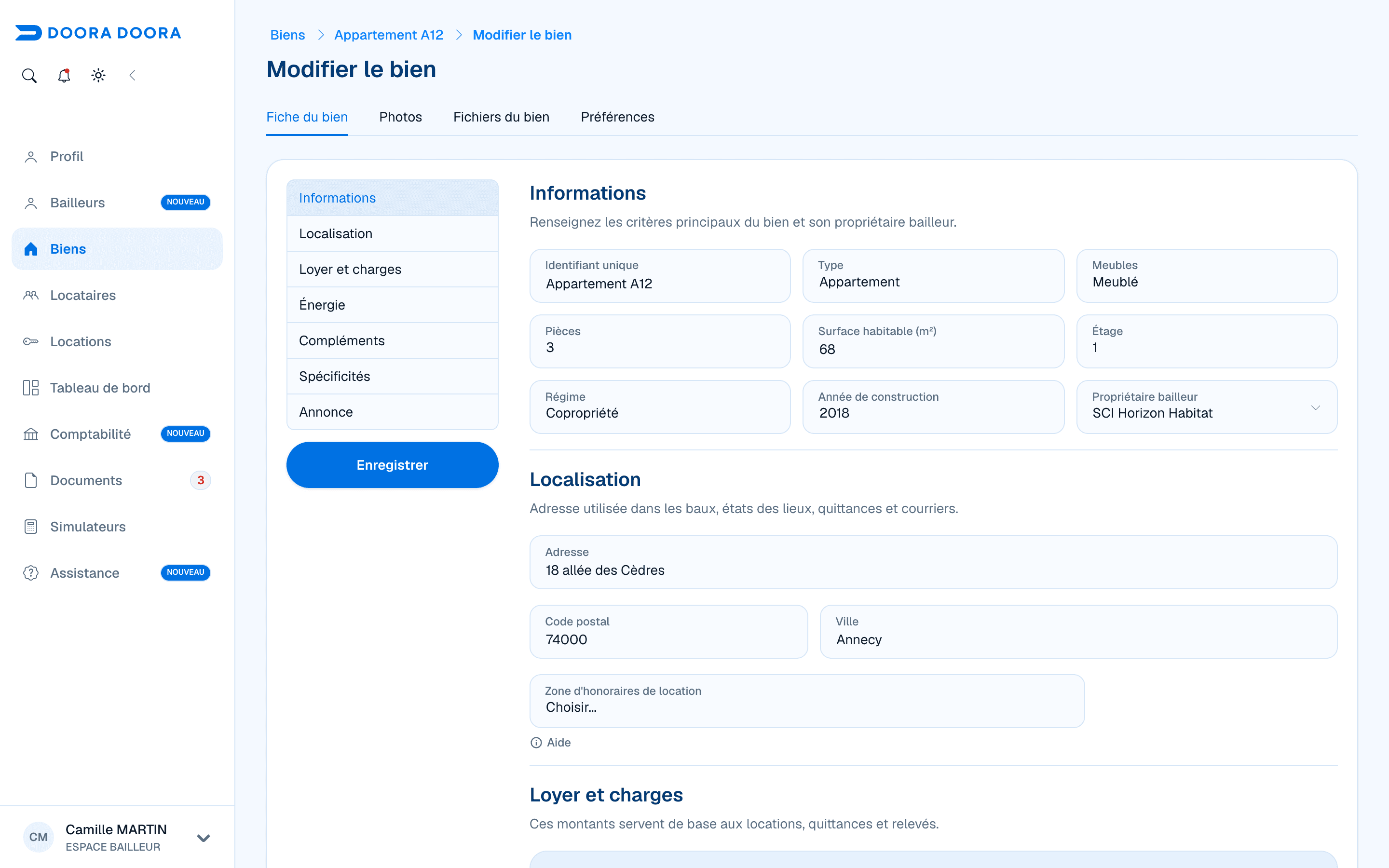 Informations générales préremplies de l’Appartement A12 dans le formulaire de modification DOORA DOORA